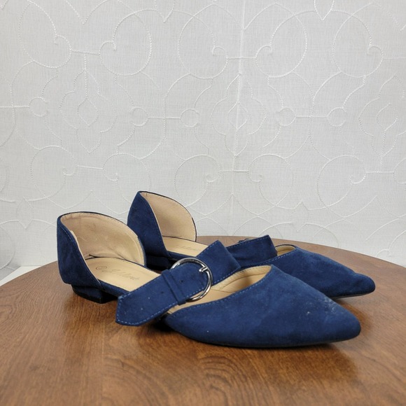 J Mark Womens Sandals 8.5 Blue Suede Pointed Toe Buckle Strap D'Orsay Flats - Picture 2 of 10